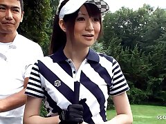 Instructor and other Guys chat Japanese Nubile to Blowbang at Golf Lesson