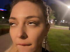 Street pick up of shameless slut. Stranger grope her bra-stuffers right in public park.